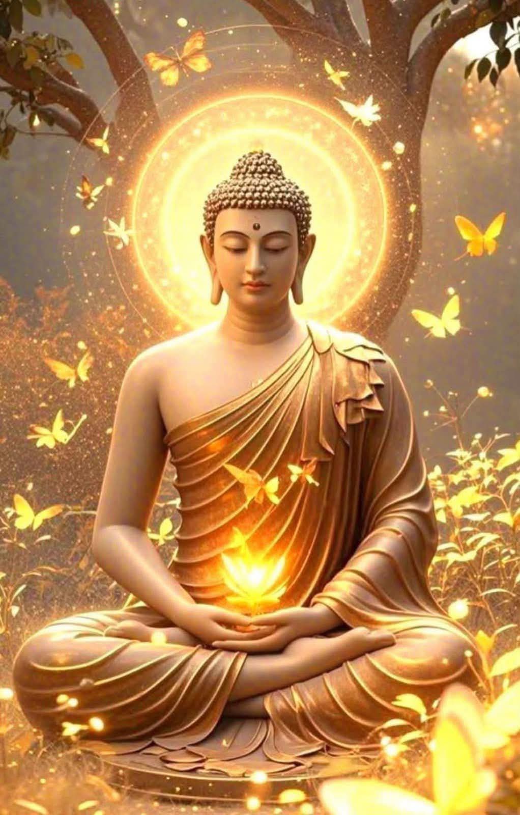 Golden meditating Buddha beneath a tree with a glowing lotus and butterflies