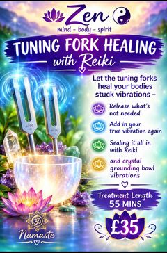 Tuning Fork Healing with Reiki poster: two tuning forks over a crystal singing bowl with amethyst and a lotus flower